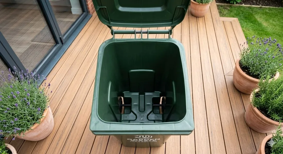 Empty 240L Garden Waste Collection bin with the lid open on a deck