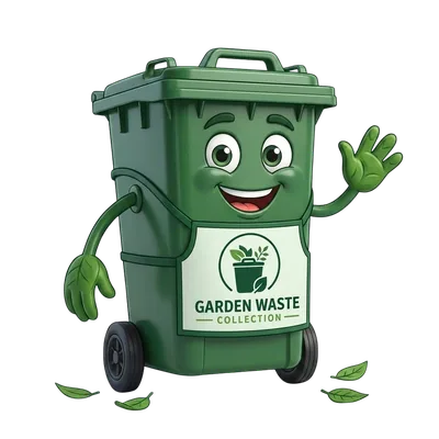 Garden Waste Collection friendly bin mascot waving