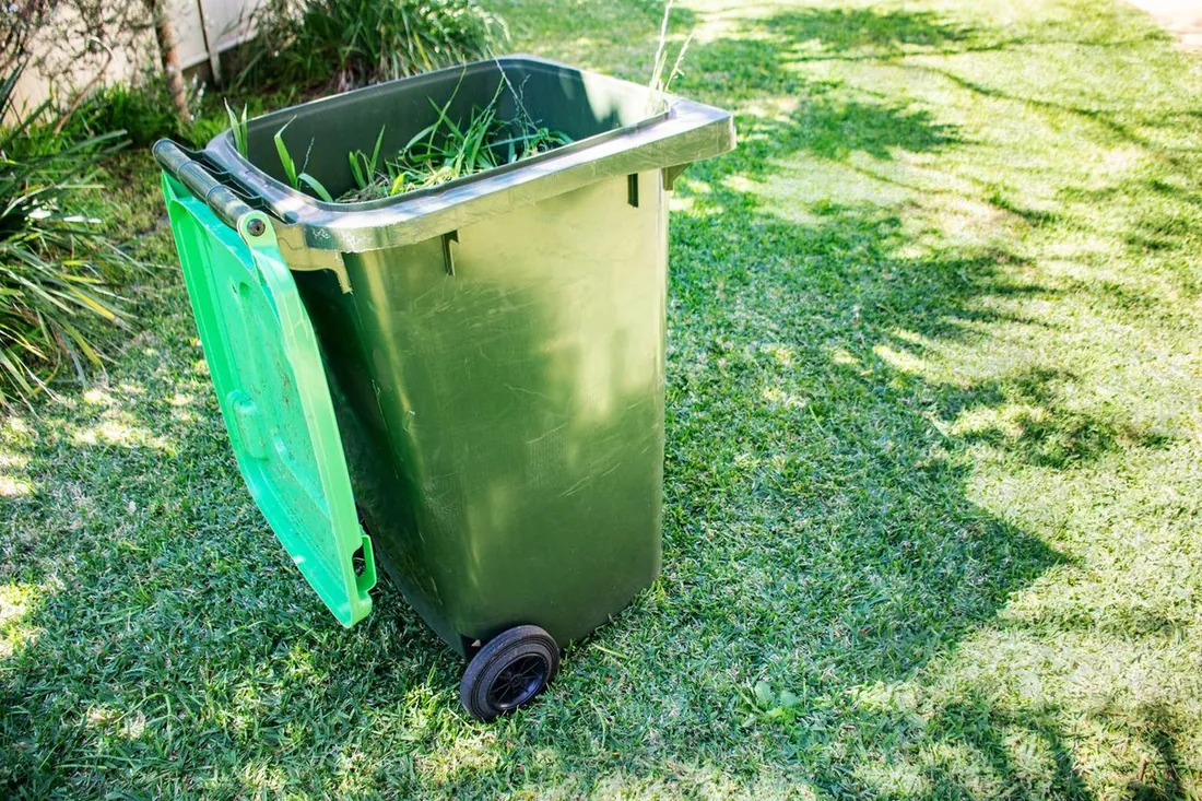 Green waste bin filled with fresh garden clippings on a lawn