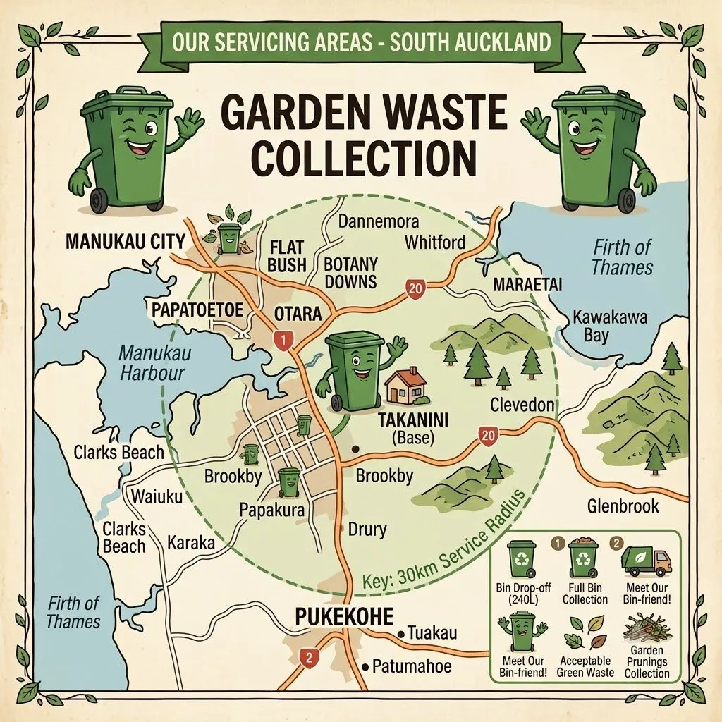 Illustrated map of the Garden Waste Collection 30km service area around Takanini, South Auckland
